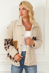 Beige Leopard Patchwork Snap Buttons Sherpa Jacket from MsDressly