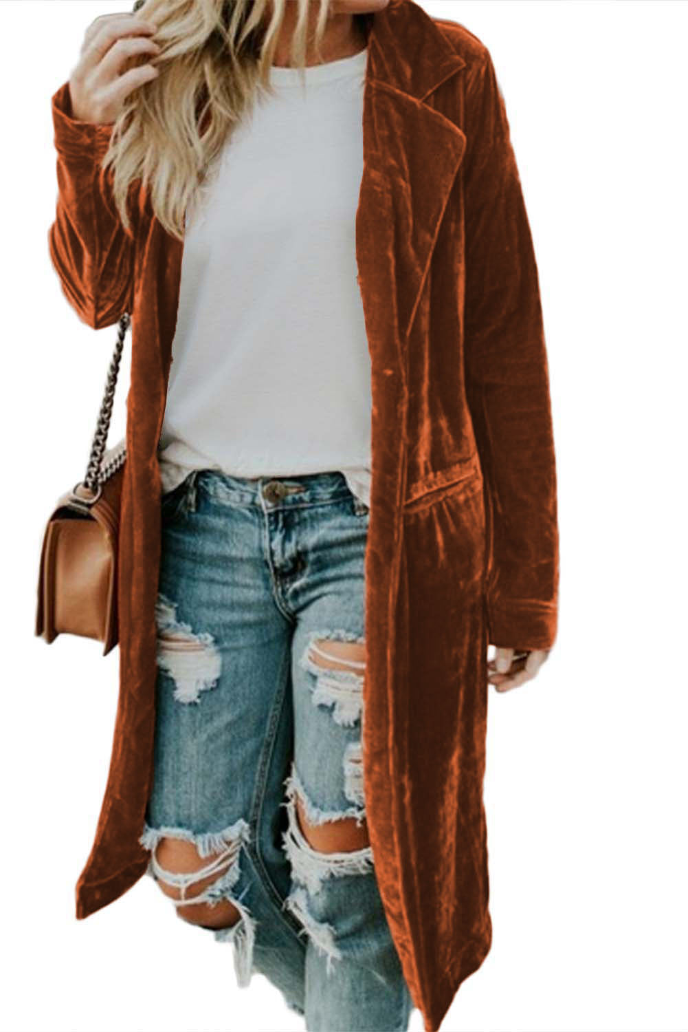 Brown Retro Velvet Long Sleeve Pocket Coat From MsDressly