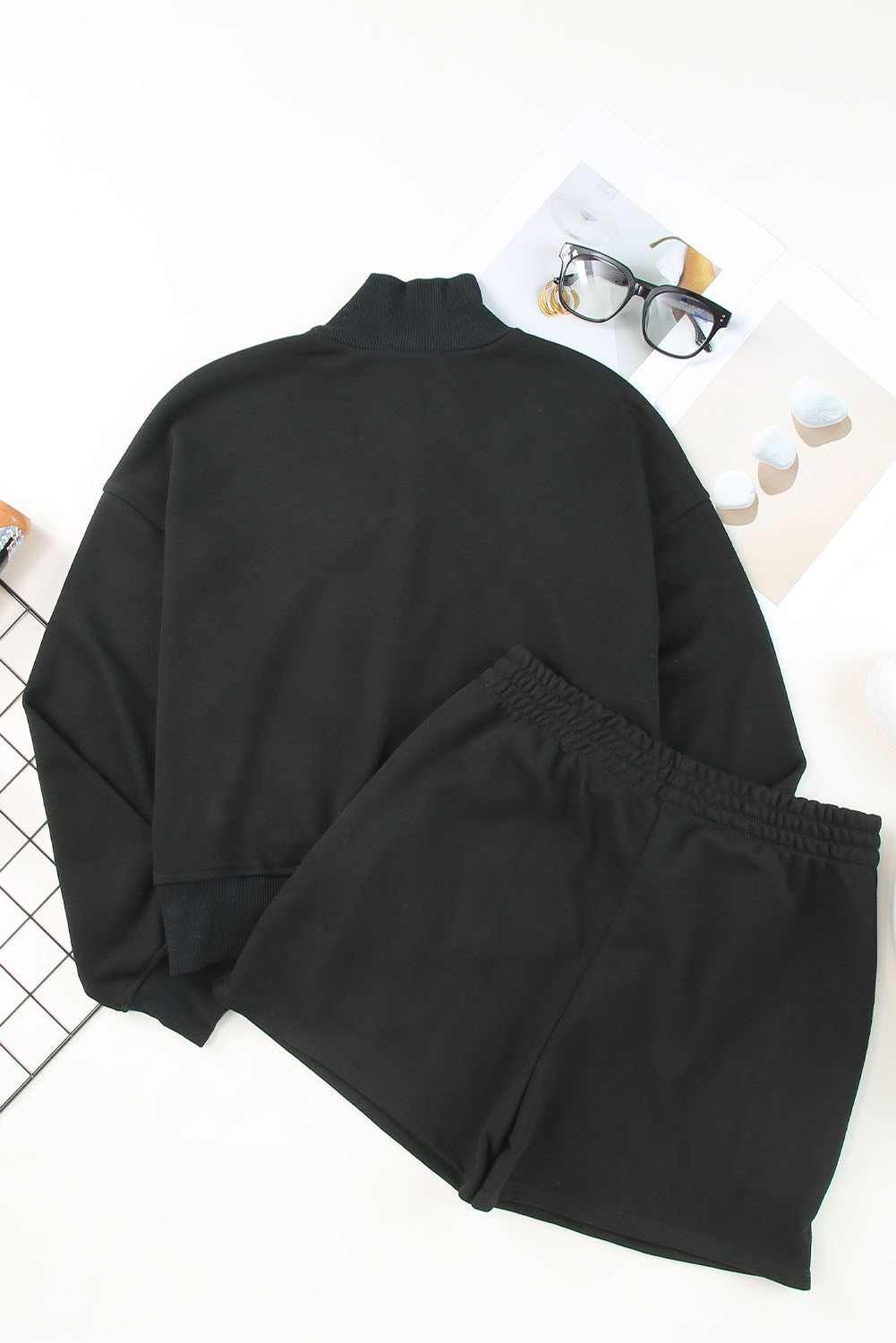 Black Casual High Neck Henley Top and Short Outfit from MsDressly