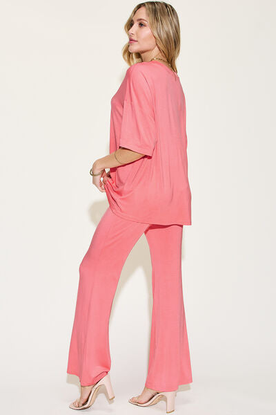 Basic Bae Full Size Bamboo Drop Shoulder T-Shirt and Flare Pants Set from Enfance-Heureuse