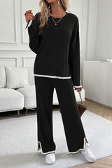 Devine Contrast Trim Round Neck Top and Pants Set from Enfance-Heureuse