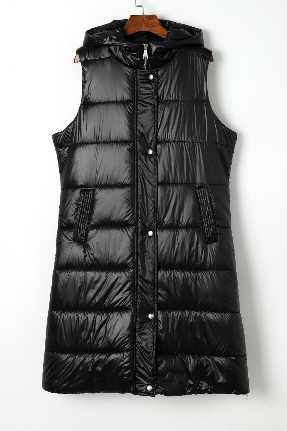 Black Hooded Long Quilted Vest Coat From MsDressly