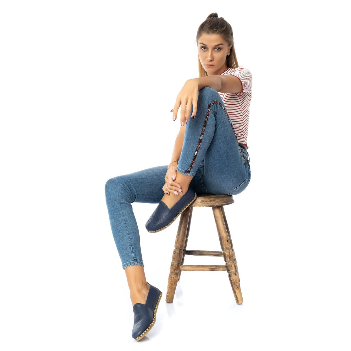 Women's Navy Slip On Shoes from Atlantis Handmade Shoes