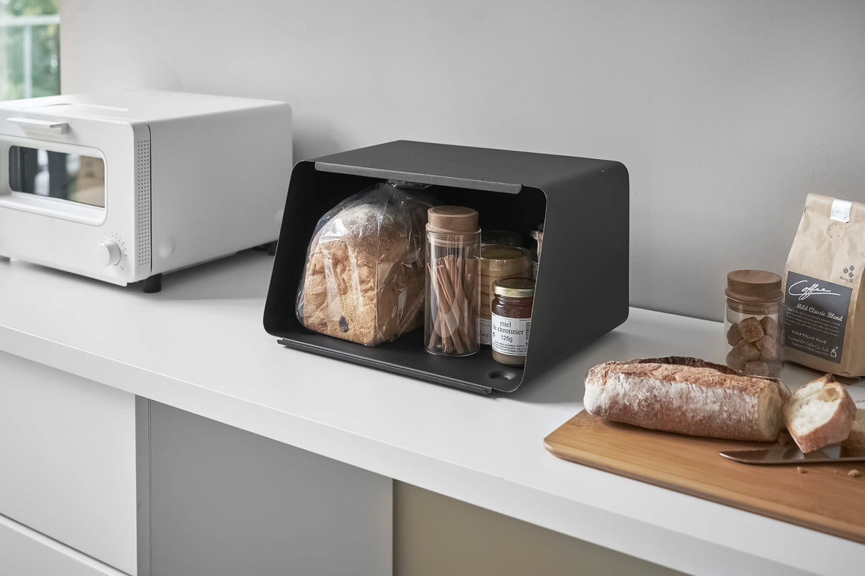 Bread Box with Cutting Board Lid - Steel + Wood from Yamazaki Home