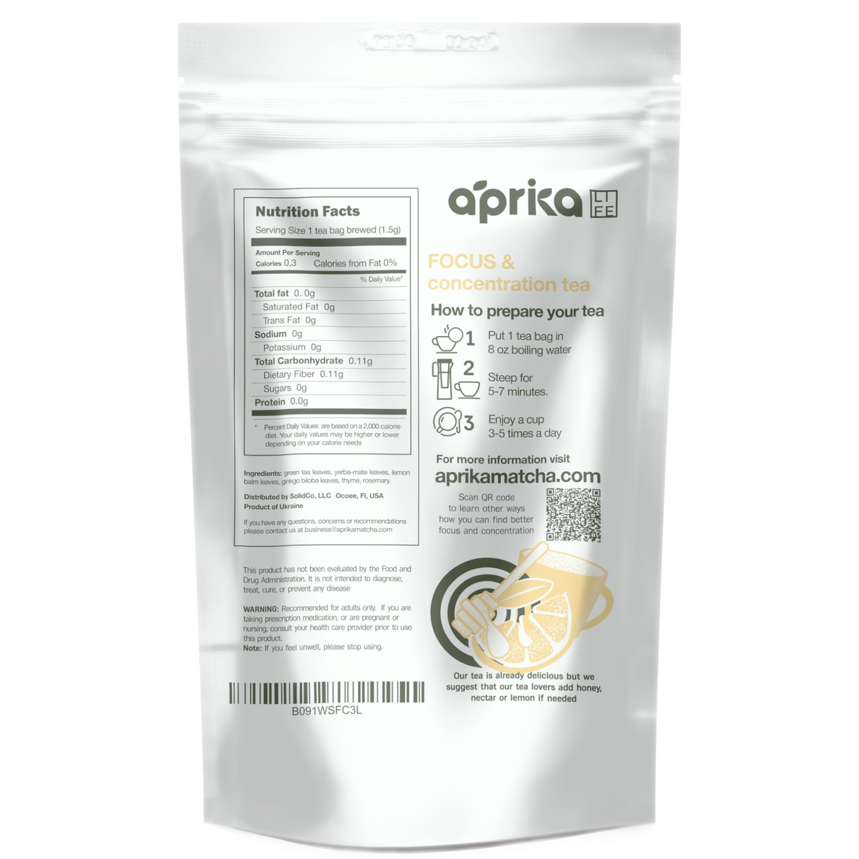 Focus & Concentration Herbal Tea, 60 Bags from Aprika Life