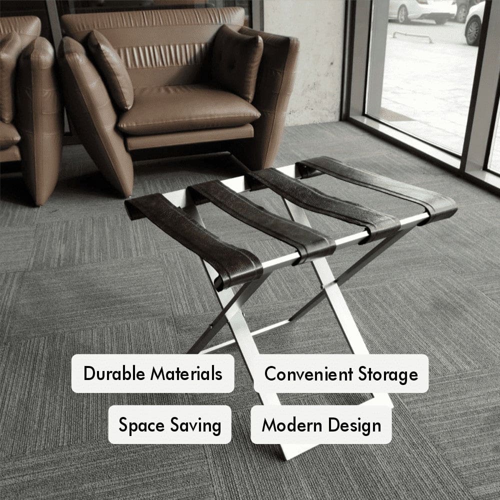 Foldable Metal Luggage Rack with Genuie Leather from VITAHOME DESIGN LLC