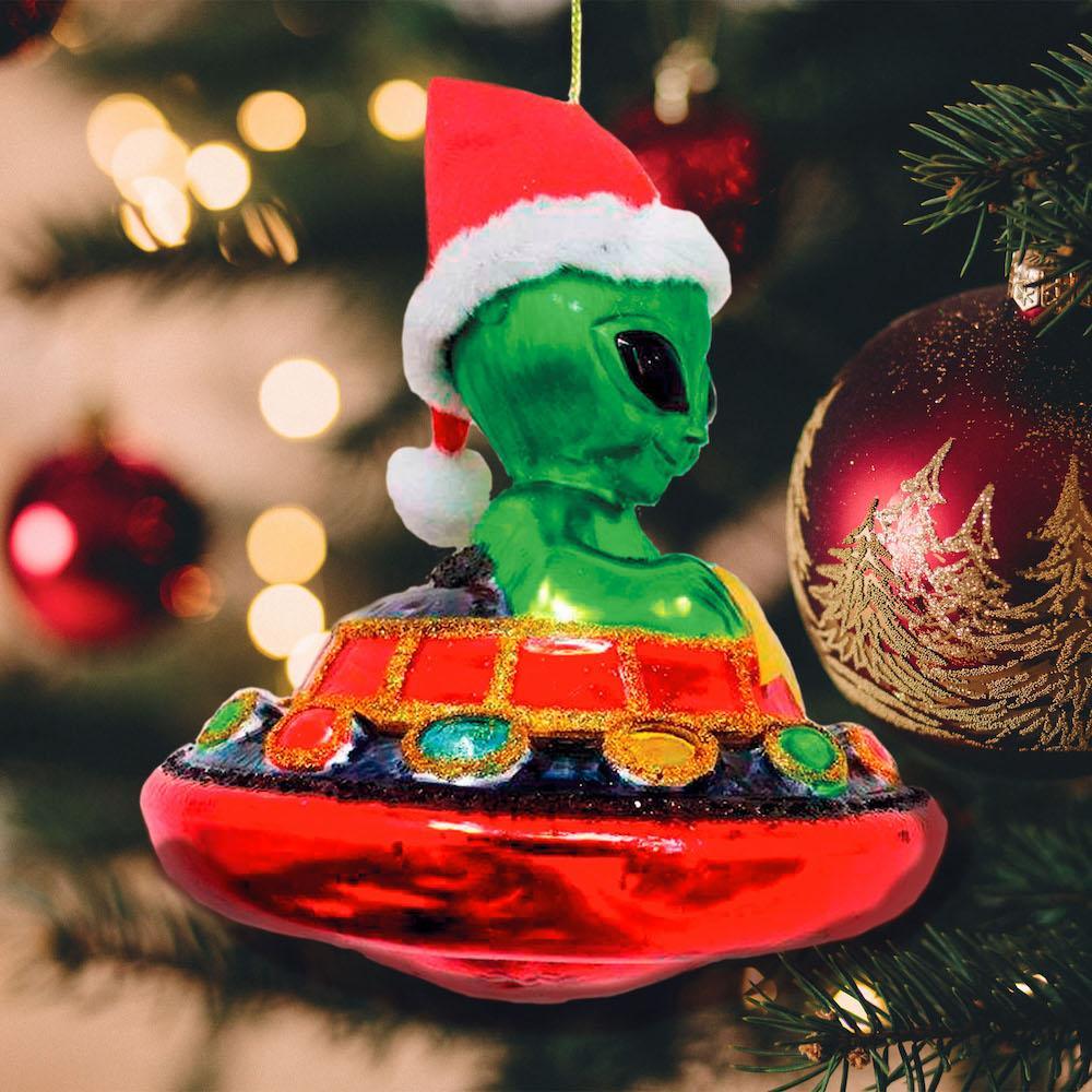 Alien and UFO Glass Christmas Ornament from OrnamentallyYou