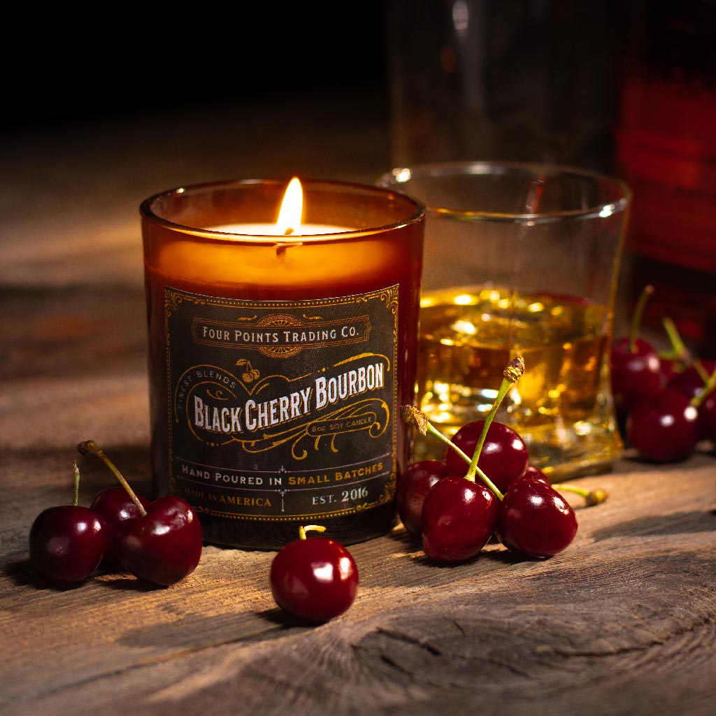 Black Cherry Bourbon 8oz Soy Candle from Four Points Trading Co.