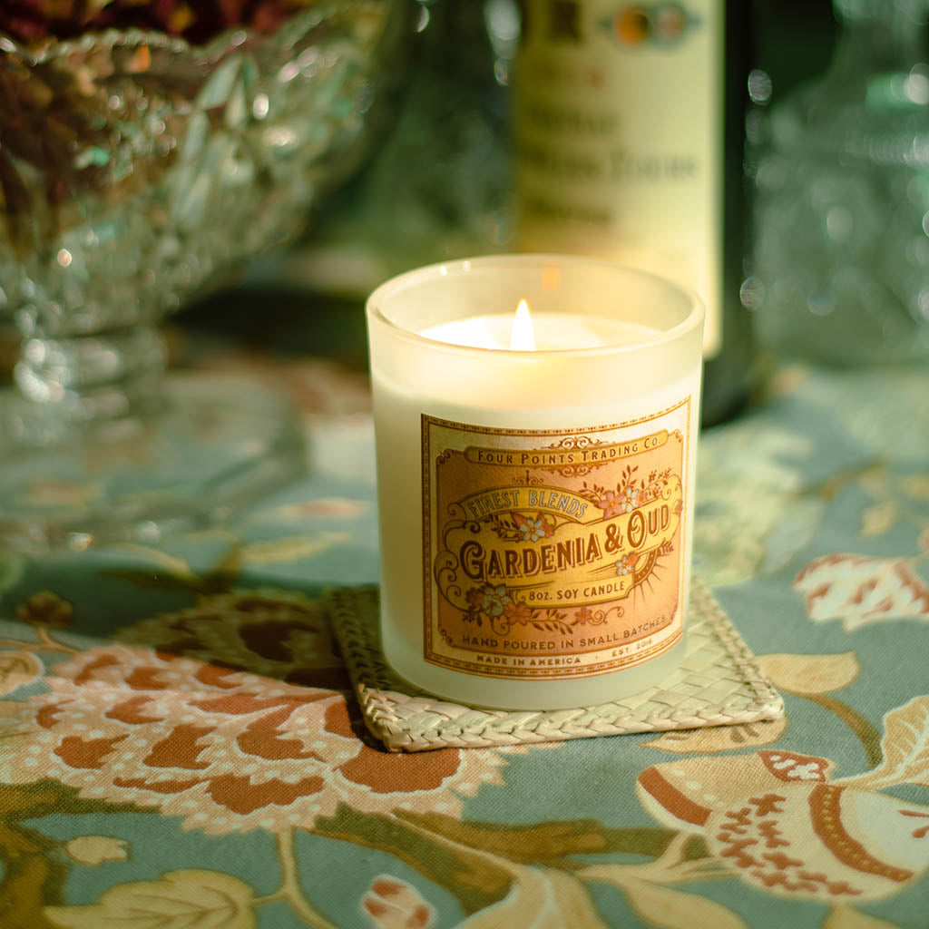 Gardenia & Oud 8oz Soy Candle from Four Points Trading Co.