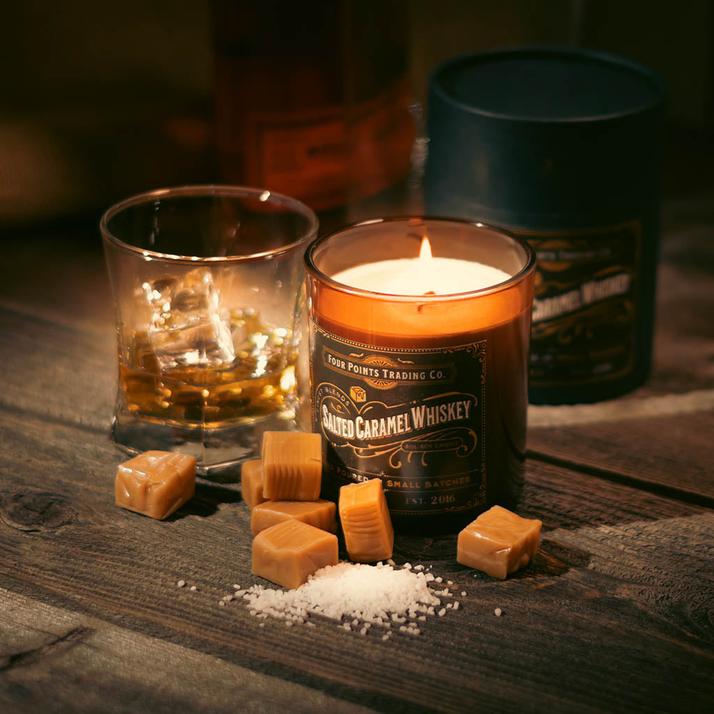 Salted Caramel Whiskey 8oz Soy Candle from Four Points Trading Co.
