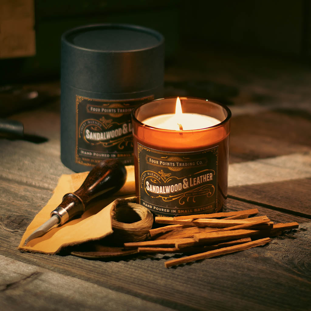 Sandalwood & Leather 8oz Soy Candle from Four Points Trading Co.