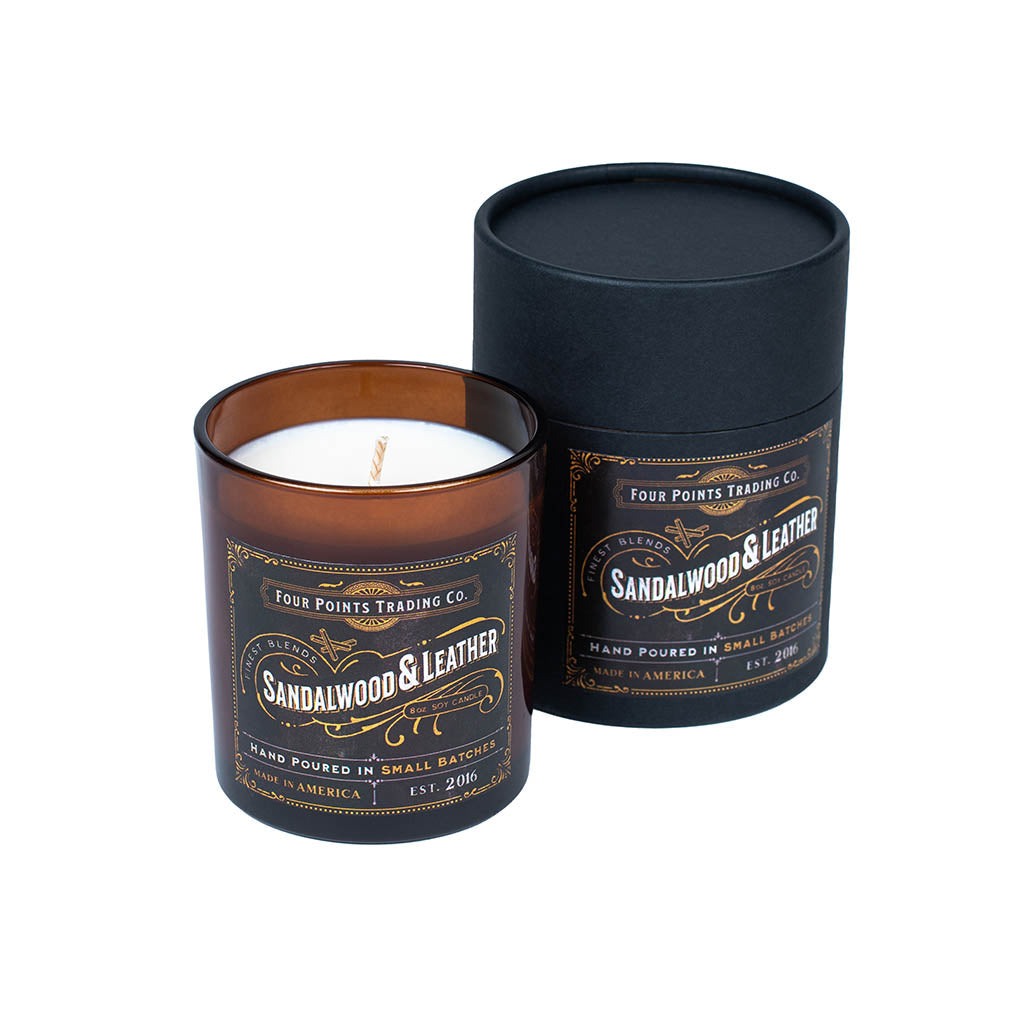 Sandalwood & Leather 8oz Soy Candle from Four Points Trading Co.
