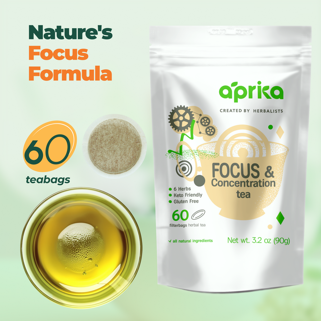 Focus & Concentration Herbal Tea, 60 Bags from Aprika Life