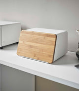 Bread Box with Cutting Board Lid - Steel + Wood from Yamazaki Home