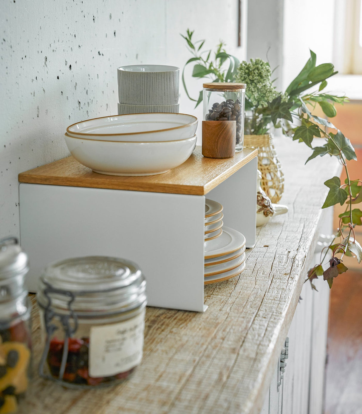 Stackable Countertop Shelf - Two Sizes - Steel + Wood from Yamazaki Home