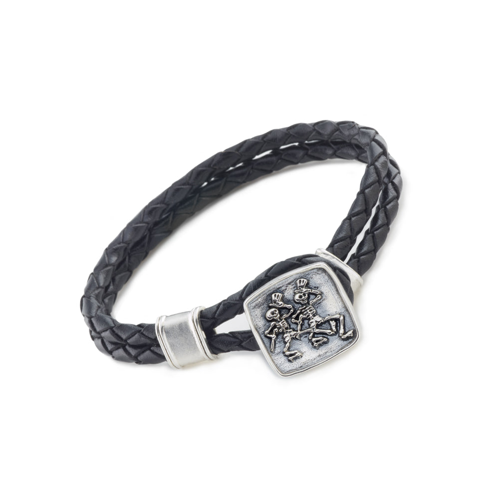 Dancing Skeletons Sterling Silver Leather Bracelet from Cynthia Gale New York
