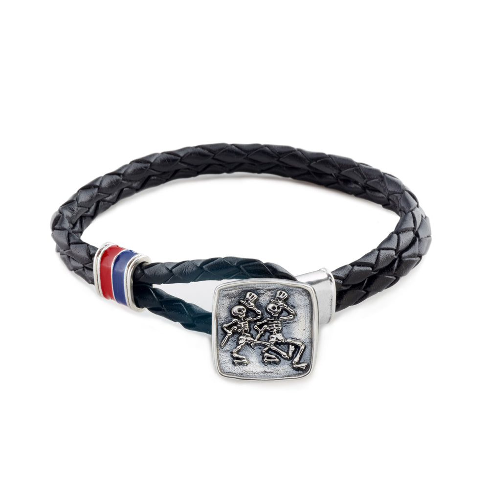 Dancing Skeletons Sterling Silver, Blue and Red Enamel & Leather Bracelet from Cynthia Gale New York