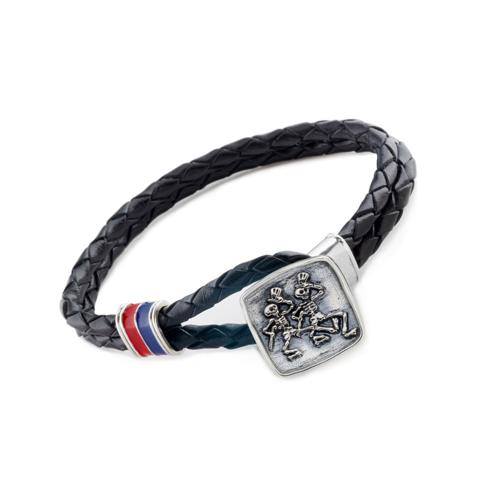 Dancing Skeletons Sterling Silver, Blue and Red Enamel & Leather Bracelet from Cynthia Gale New York