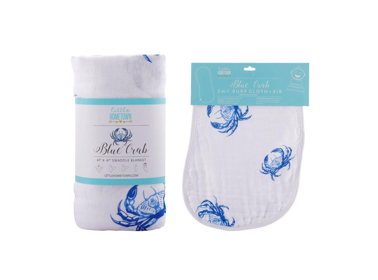 Gift Set: Blue Crab Baby Muslin Swaddle Blanket and Burp Cloth/Bib Combo from Little Hometown