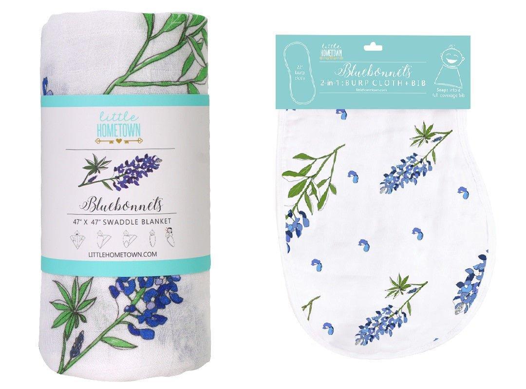Gift Set: Bluebonnets Baby Muslin Swaddle Blanket and Burp Cloth/Bib Combo from Little Hometown