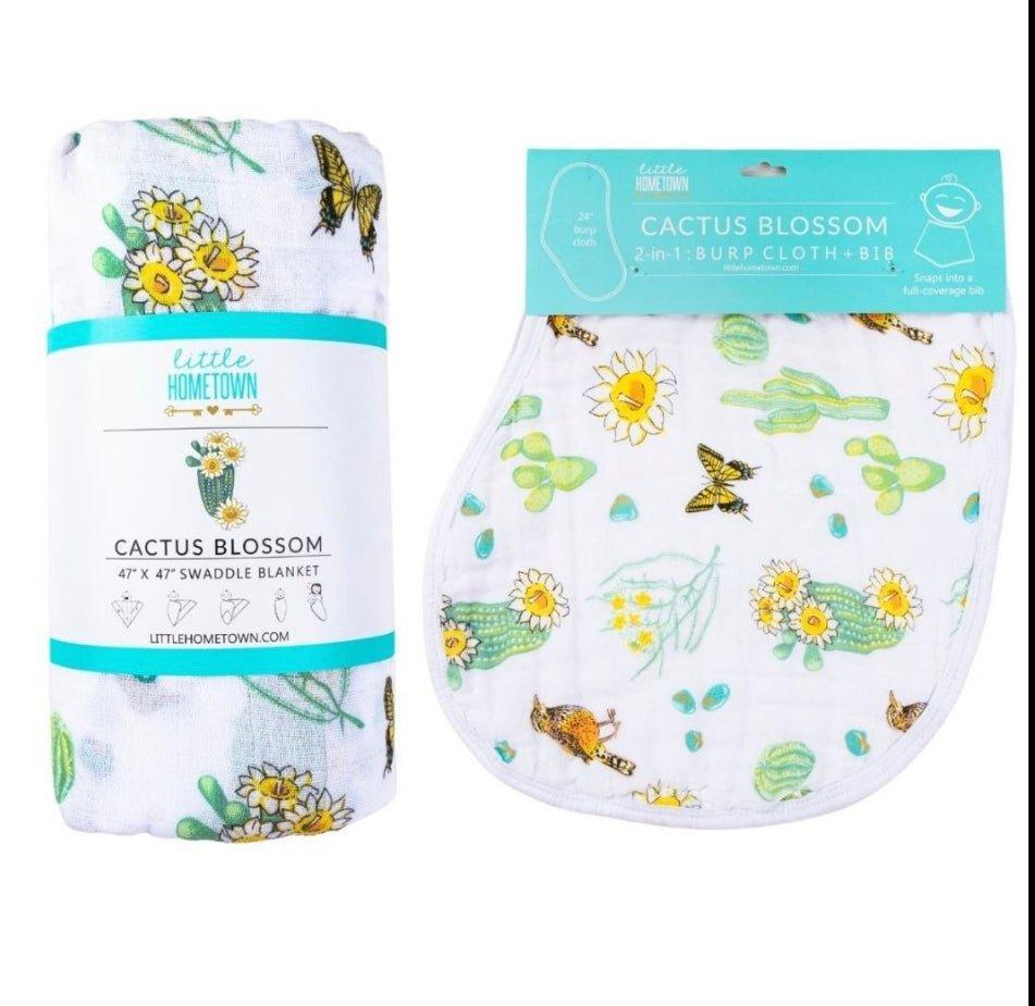 Gift Set: Cactus Blossom Baby Muslin Swaddle Blanket and Burp/Bib Combo from Little Hometown