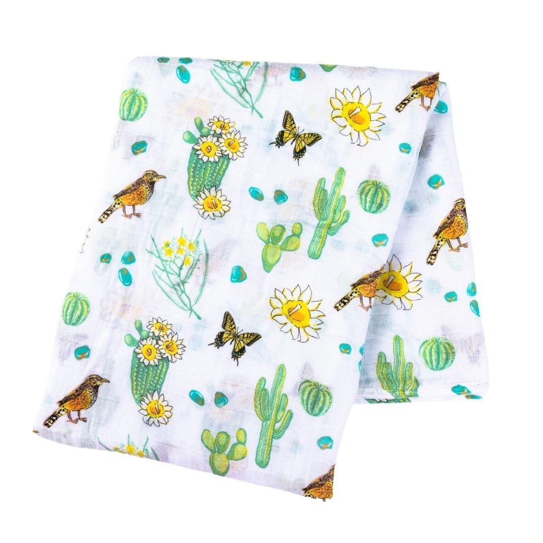 Gift Set: Cactus Blossom Baby Muslin Swaddle Blanket and Burp/Bib Combo from Little Hometown