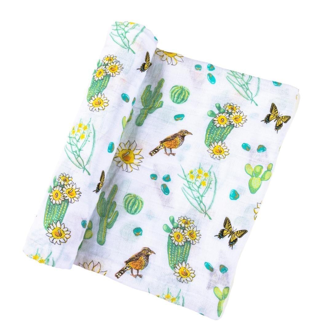 Gift Set: Cactus Blossom Baby Muslin Swaddle Blanket and Burp/Bib Combo from Little Hometown