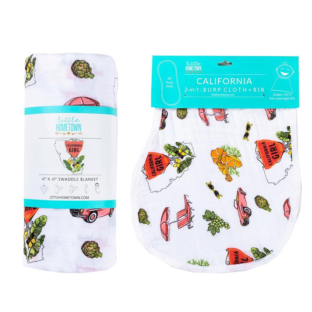 Gift Set: California Girl Muslin Swaddle Blanket and Burp Cloth/Bib Combo from Little Hometown