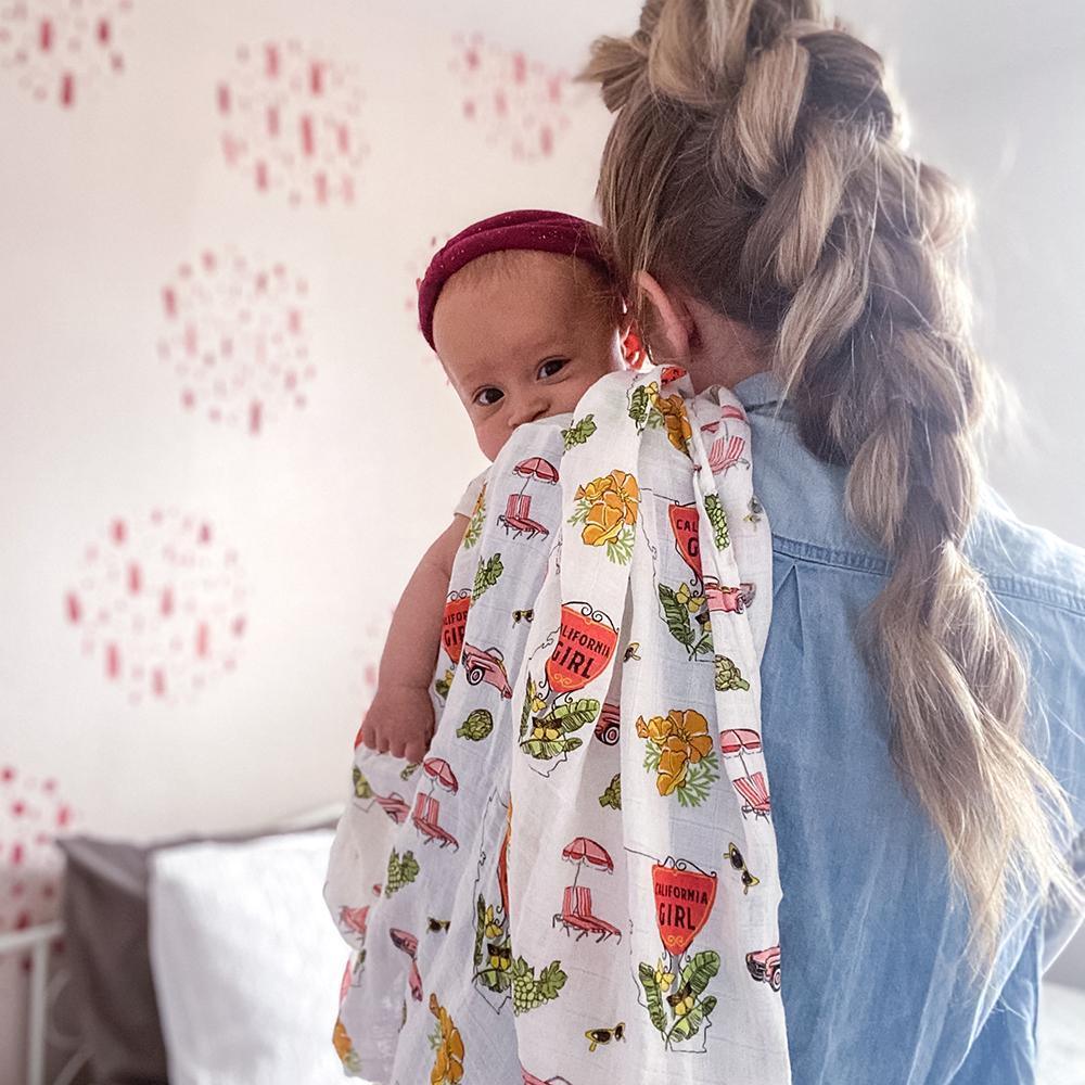 Gift Set: California Girl Muslin Swaddle Blanket and Burp Cloth/Bib Combo from Little Hometown
