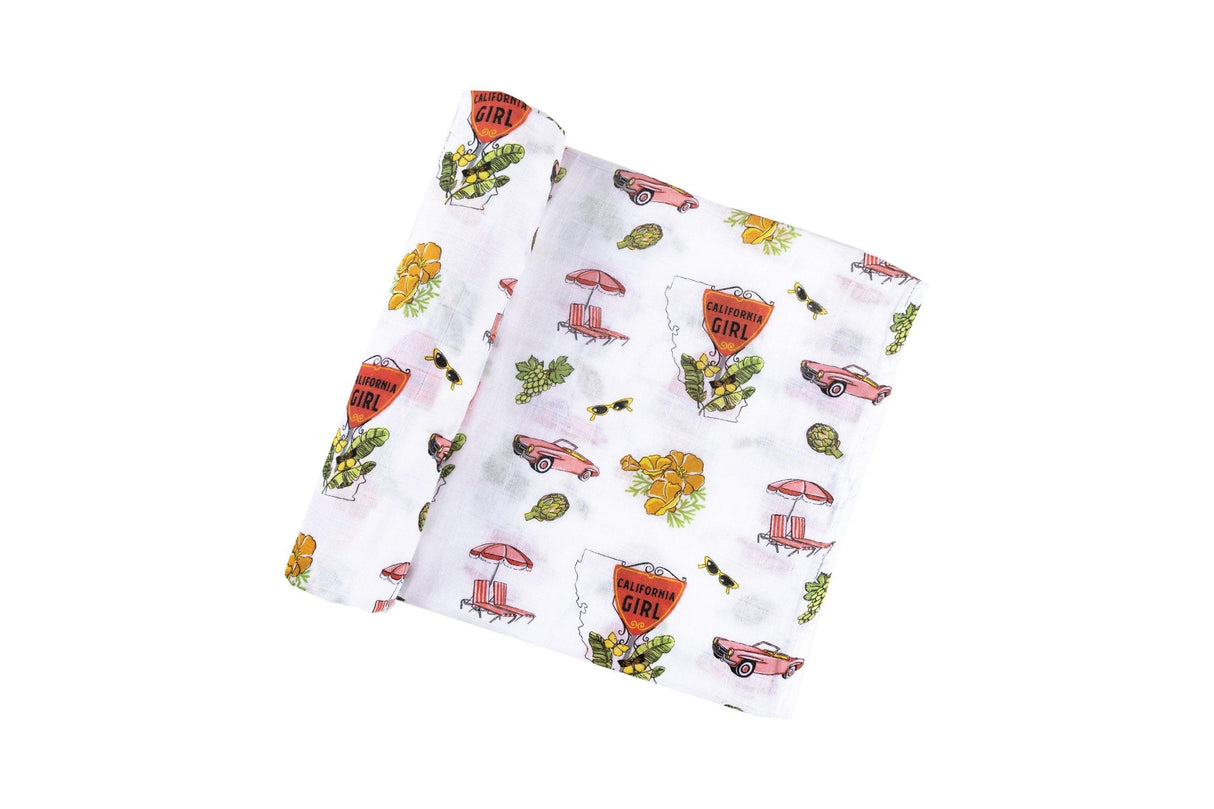Gift Set: California Girl Muslin Swaddle Blanket and Burp Cloth/Bib Combo from Little Hometown