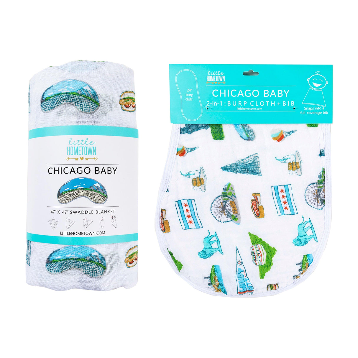 Gift Set: Chicago Baby Muslin Swaddle Blanket and Burp Cloth/Bib Combo from Little Hometown