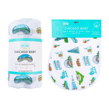 Gift Set: Chicago Baby Muslin Swaddle Blanket and Burp Cloth/Bib Combo from Little Hometown