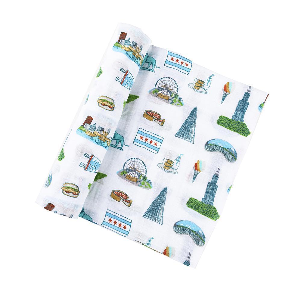 Gift Set: Chicago Baby Muslin Swaddle Blanket and Burp Cloth/Bib Combo from Little Hometown
