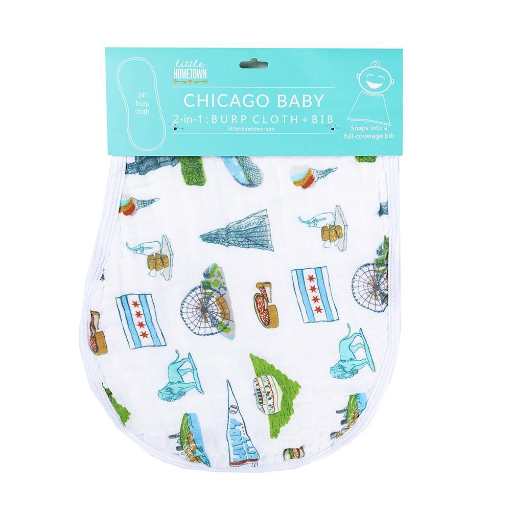 Gift Set: Chicago Baby Muslin Swaddle Blanket and Burp Cloth/Bib Combo from Little Hometown