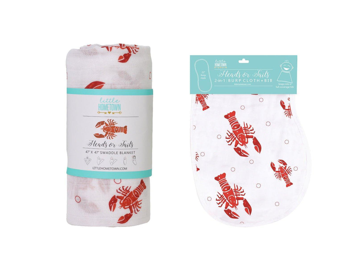 Gift Set: Heads Tails Crawfish Lobster Baby Muslin Swaddle Blanket and Burp Cloth/Bib Combo from Little Hometown