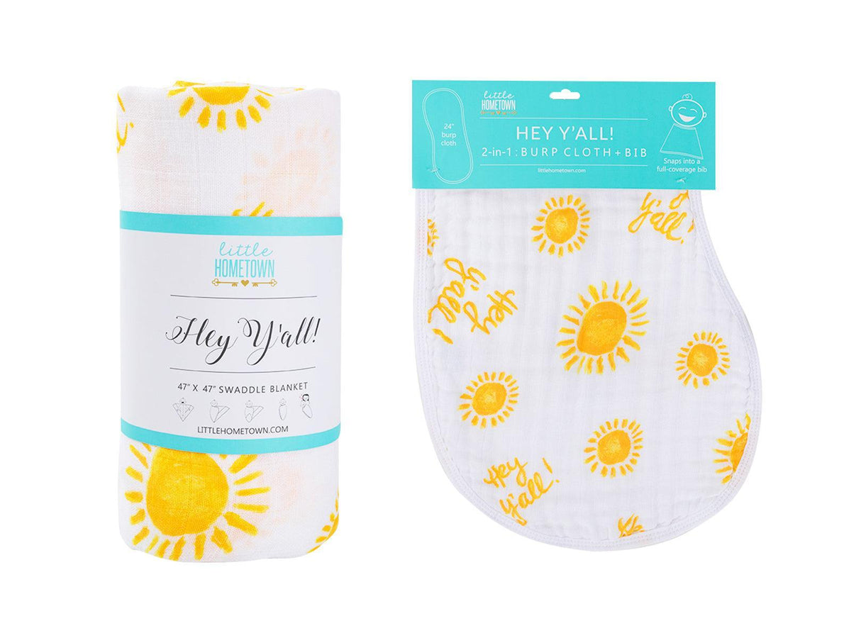 Gift Set: Hey Y'all Baby Muslin Swaddle Blanket and Burp Cloth/Bib Combo from Little Hometown