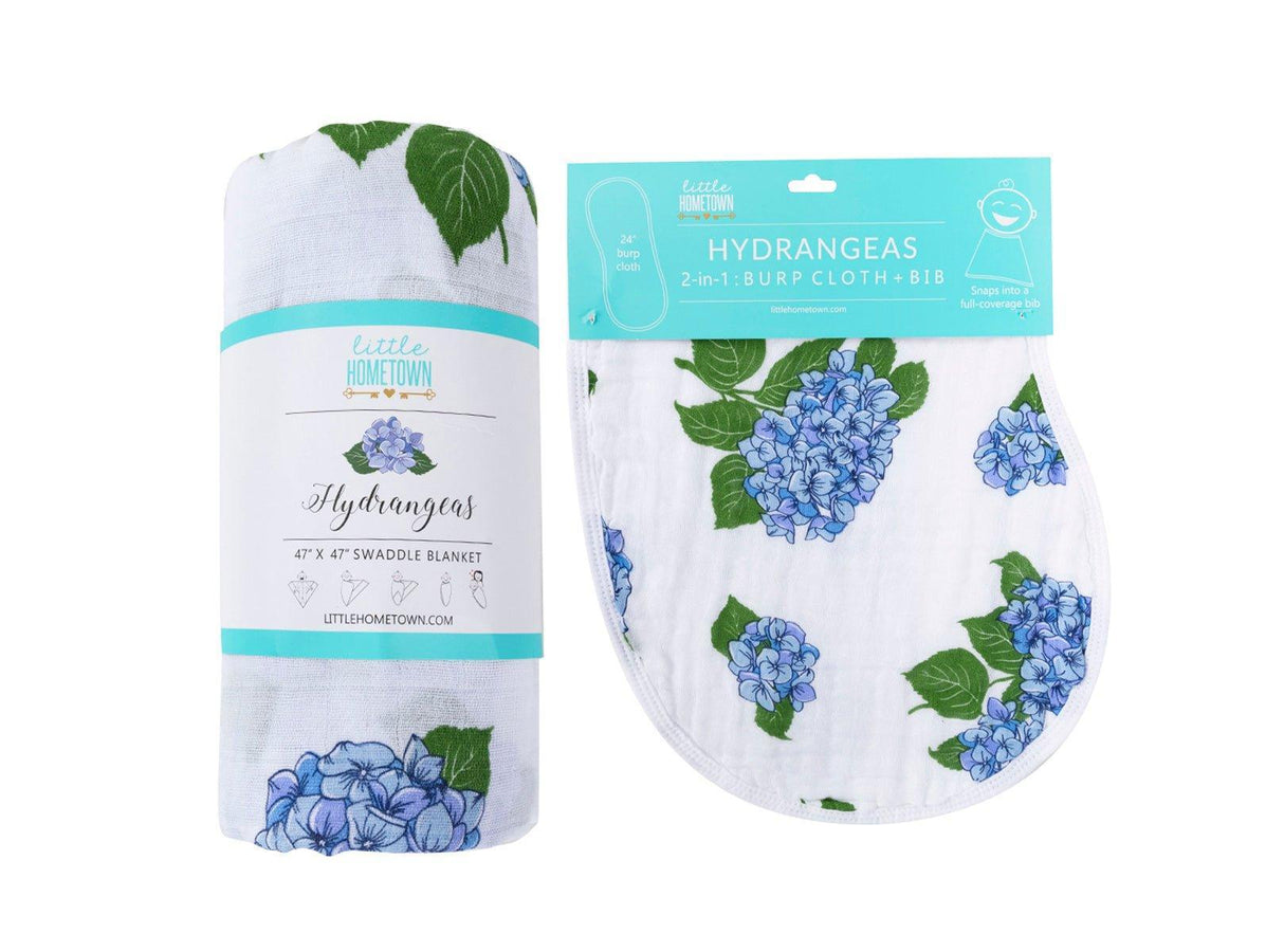 Gift Set: Hydrangeas Baby Muslin Swaddle Blanket and Burp Cloth/Bib Combo from Little Hometown