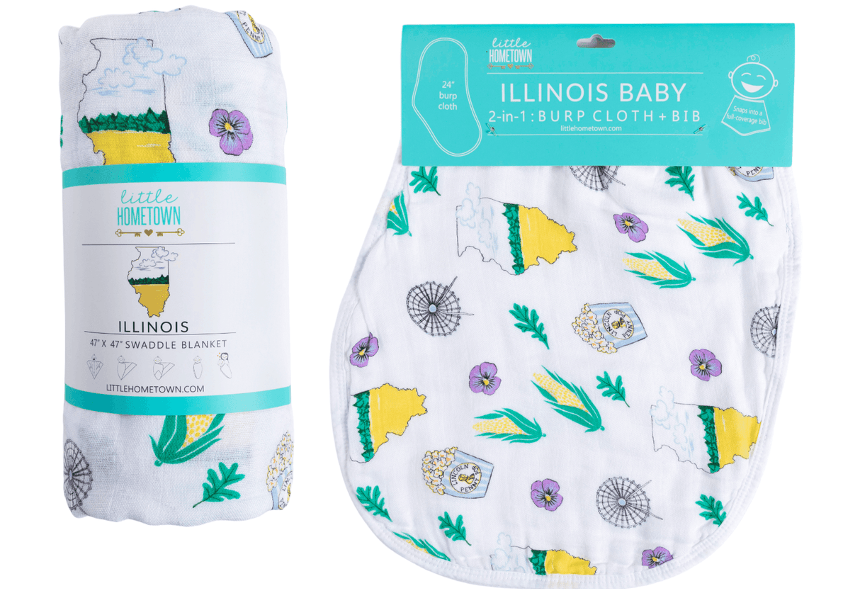 Gift Set: illinois Baby Muslin Swaddle Blanket and Burp Cloth/Bib Combo from Little Hometown