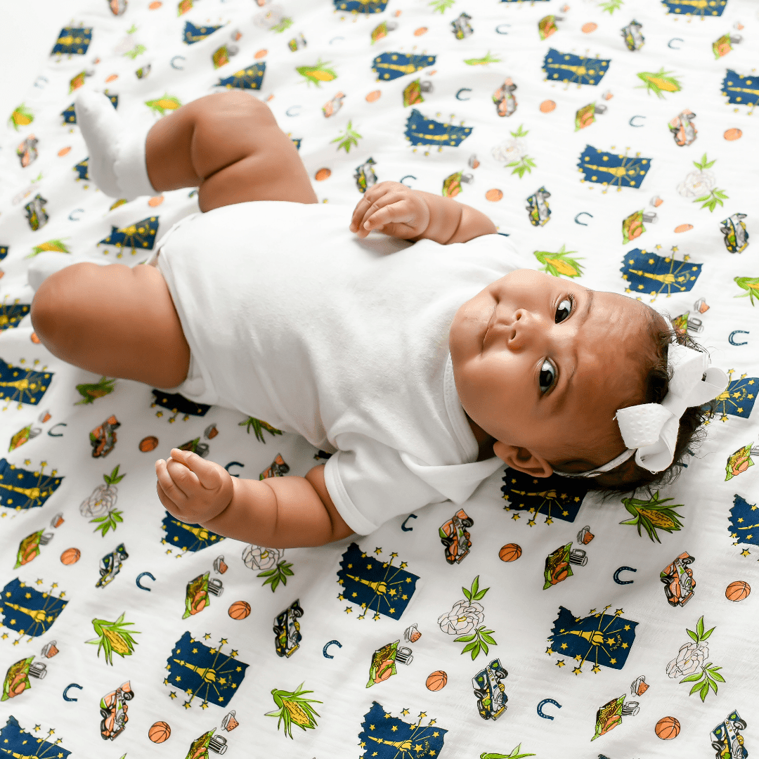 Gift Set: Indiana Baby Muslin Swaddle Blanket and Burp Cloth/Bib Combo from Little Hometown