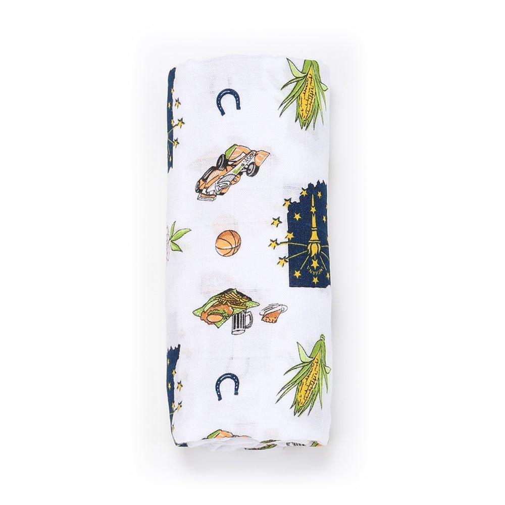 Gift Set: Indiana Baby Muslin Swaddle Blanket and Burp Cloth/Bib Combo from Little Hometown