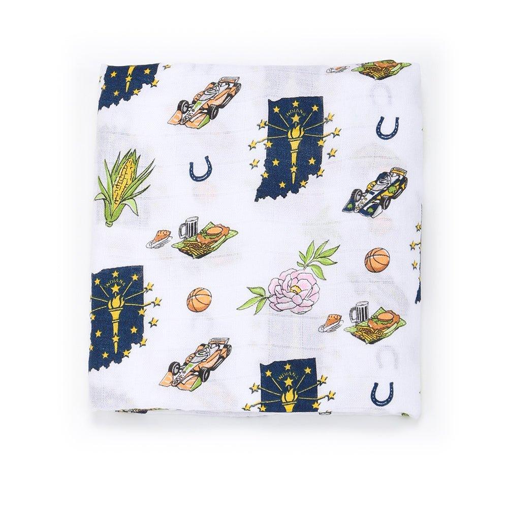 Gift Set: Indiana Baby Muslin Swaddle Blanket and Burp Cloth/Bib Combo from Little Hometown