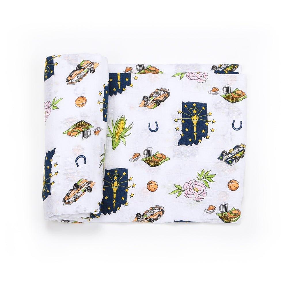 Gift Set: Indiana Baby Muslin Swaddle Blanket and Burp Cloth/Bib Combo from Little Hometown