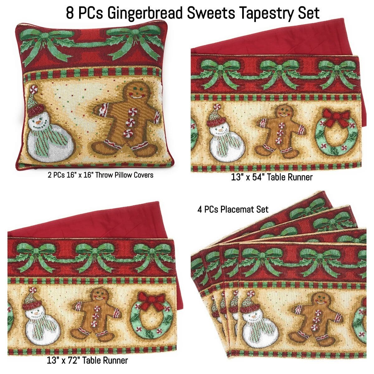 DaDa Bedding Set of 8 Pieces Gingerbread Sweets Holiday Table Tapestry - 4 Placemats, 2 Table Runners, 2 Throw Pillow Covers (12917) from DaDalogy Bedding Collection