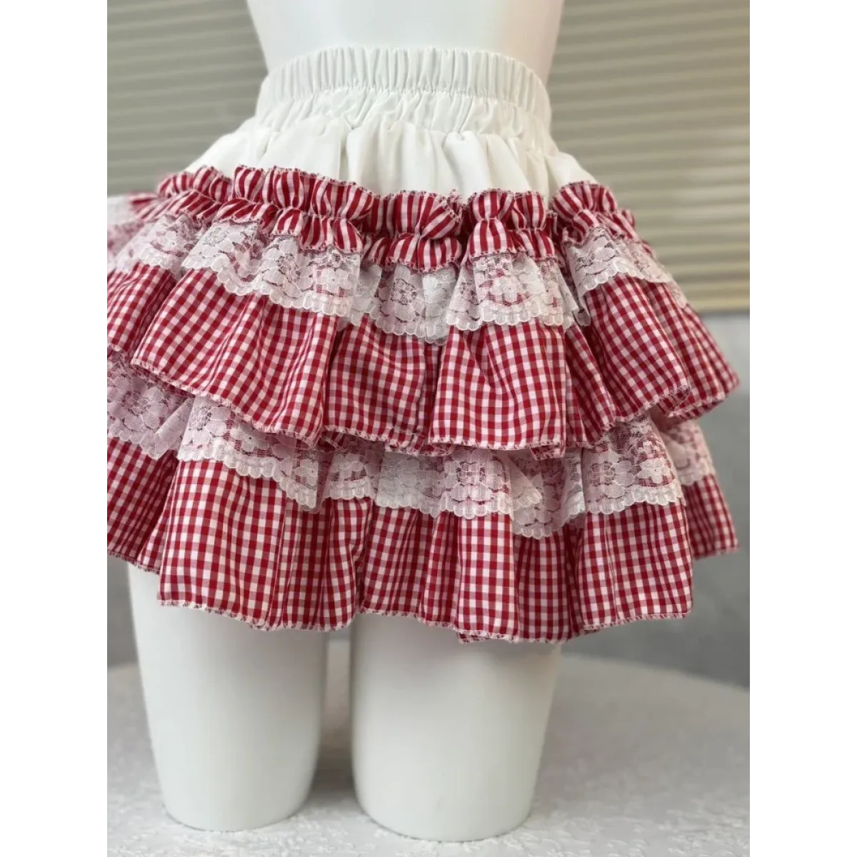 Gingham Layered Lolita Skirt – Lace Trim High Waist Kawaii from Kawaii Stop