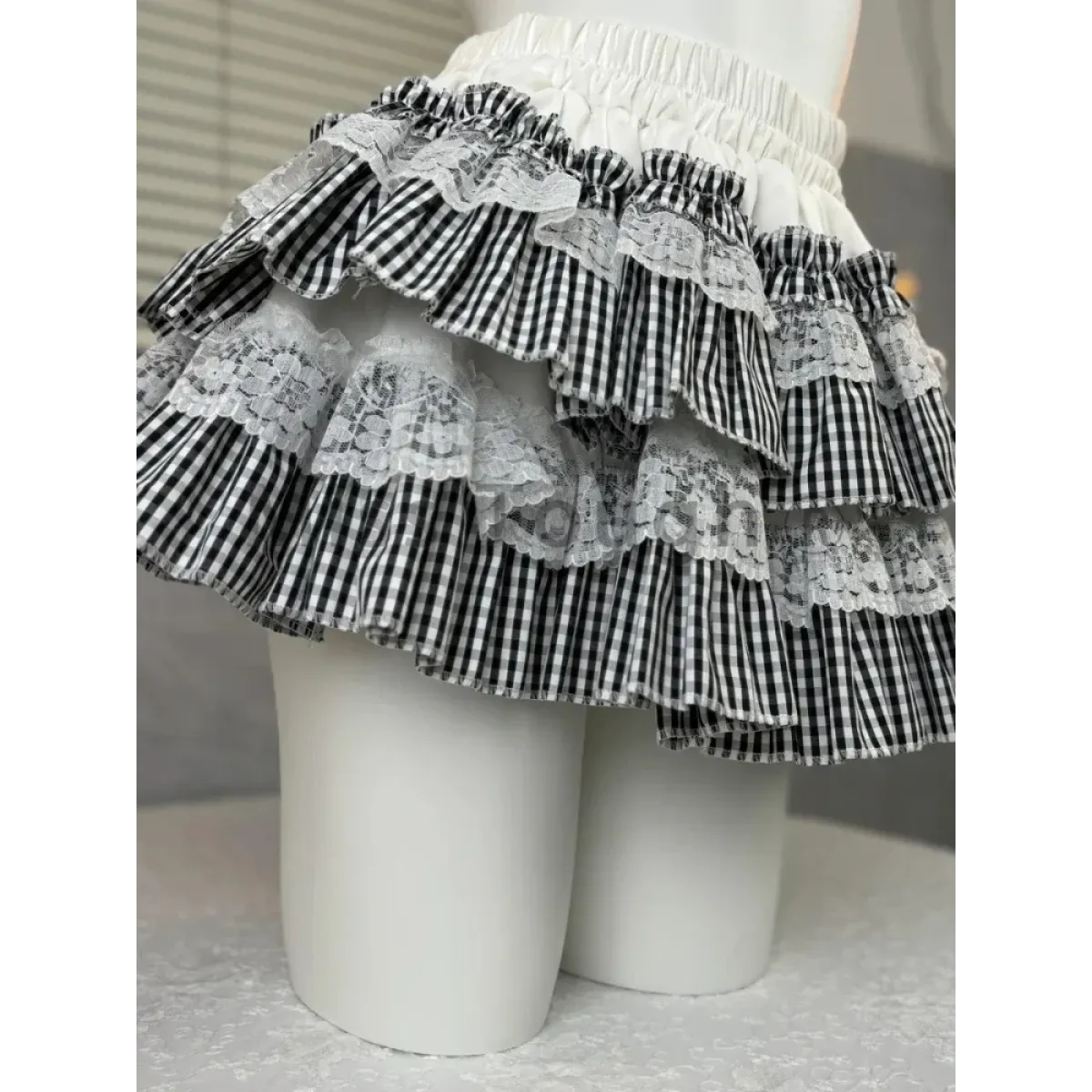 Gingham Layered Lolita Skirt – Lace Trim High Waist Kawaii from Kawaii Stop