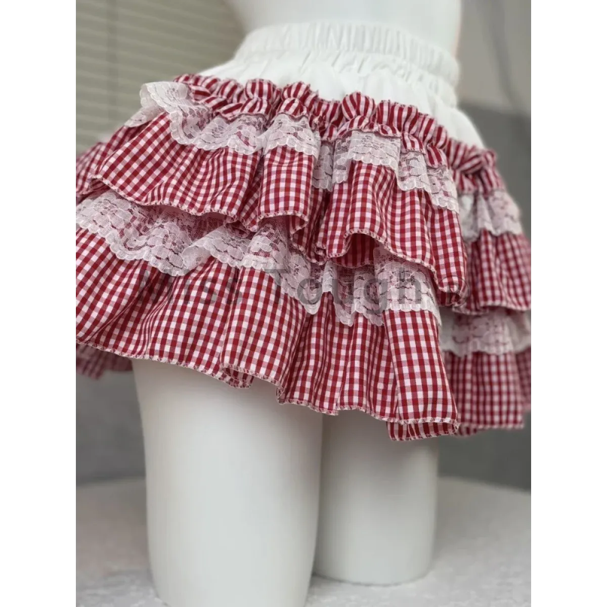Gingham Layered Lolita Skirt – Lace Trim High Waist Kawaii from Kawaii Stop