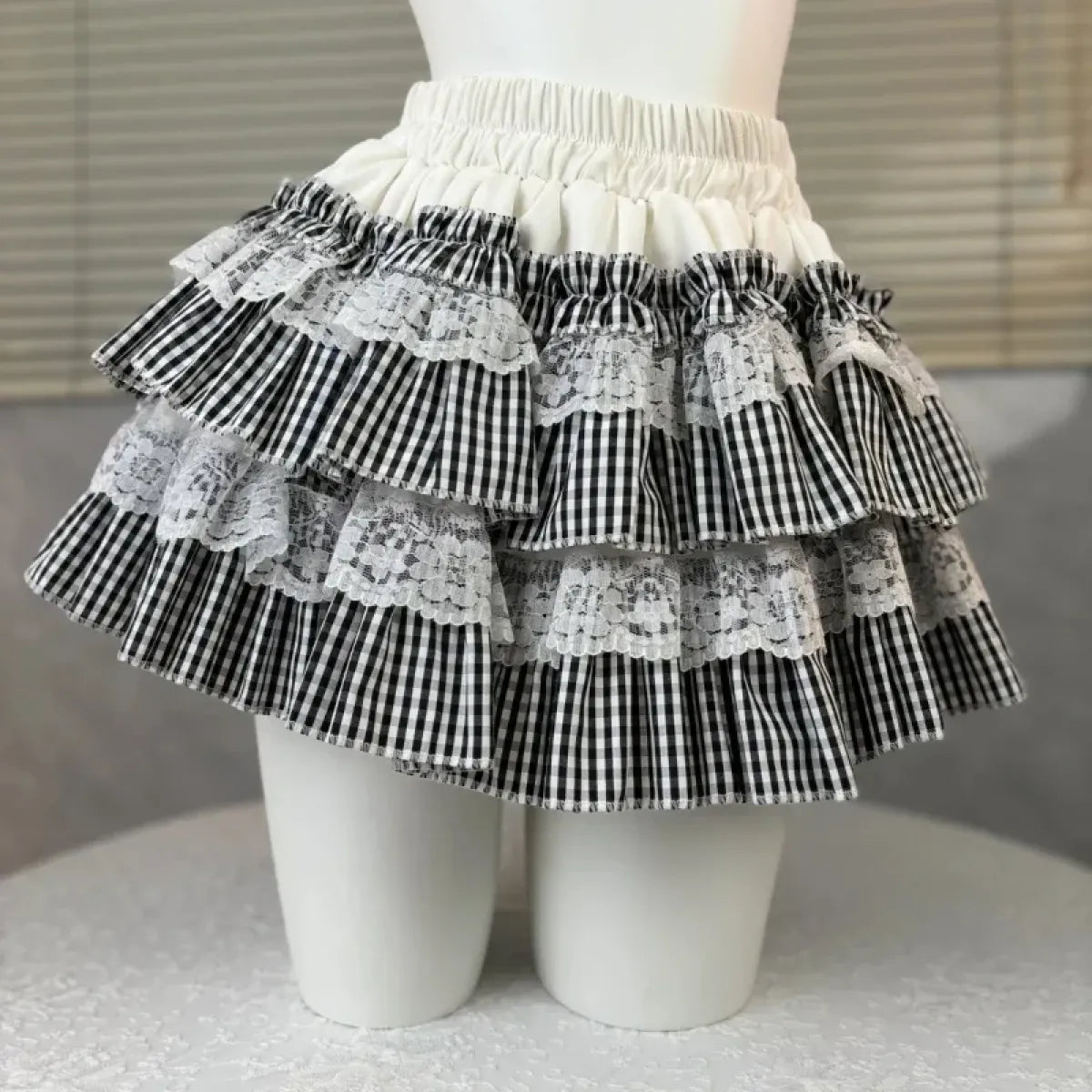 Gingham Layered Lolita Skirt – Lace Trim High Waist Kawaii from Kawaii Stop