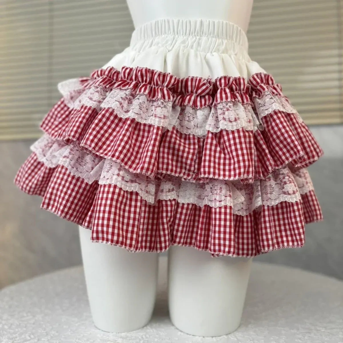 Gingham Layered Lolita Skirt – Lace Trim High Waist Kawaii from Kawaii Stop