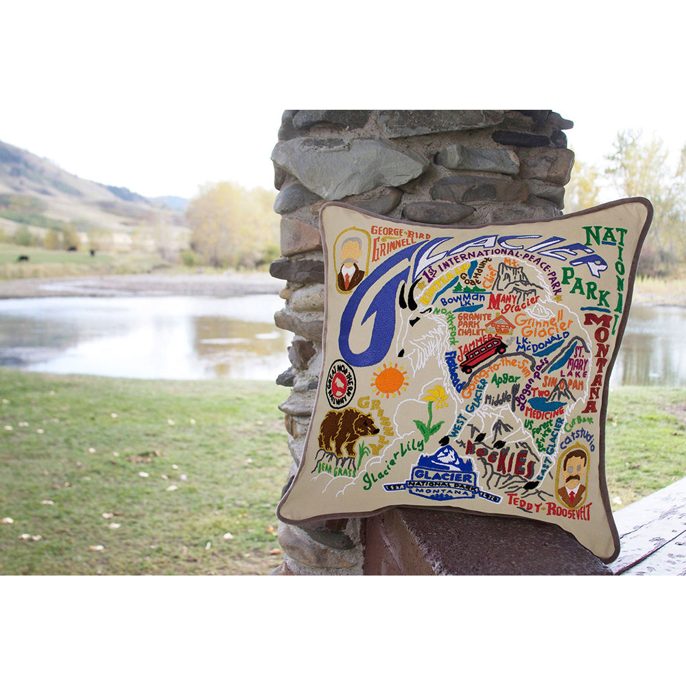 Glacier Park Hand-Embroidered Pillow from Quirks!