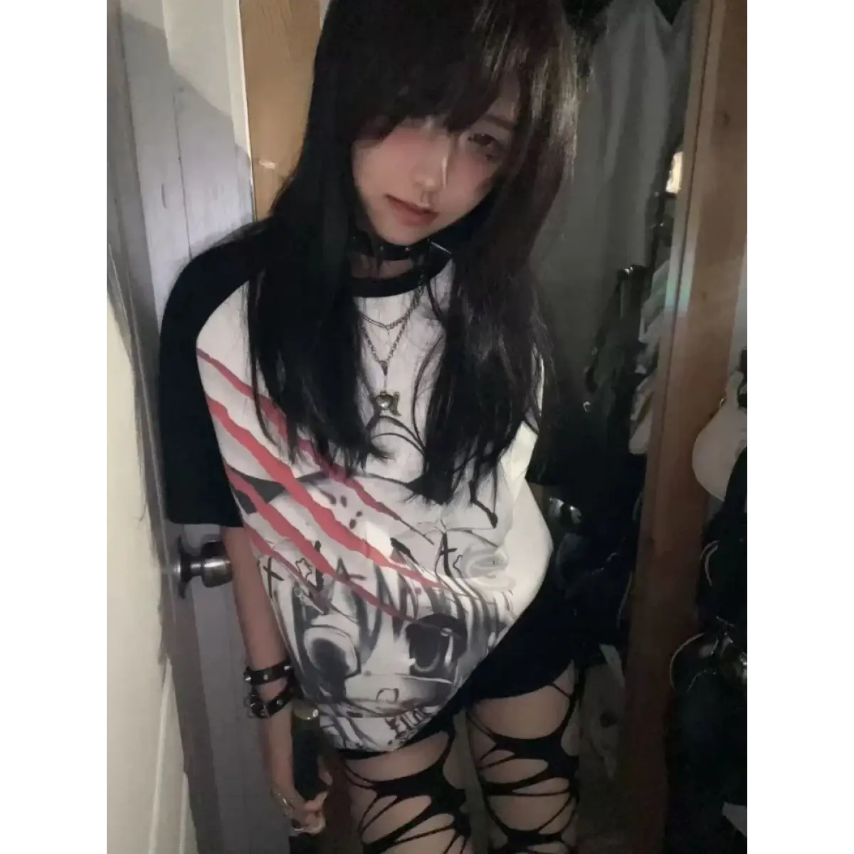 Black & White Gothic Anime T-Shirt – Harajuku Y2K Graphic Top From Kawaii Stop